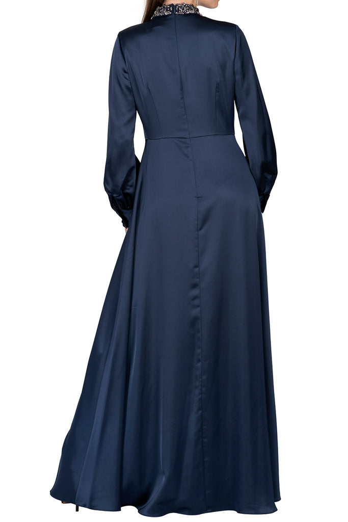 AIDAN MATTOX TWILIGHT BEADED MOCKNECK SATIN GOWN