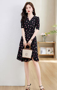 Ladies elegant v-neck irregularity print dress