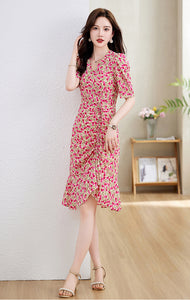 Ladies elegant v-neck irregularity print dress