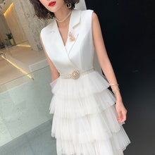 Ladies sexy V-neck design layered Tulle white dress