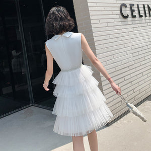 Ladies sexy V-neck design layered Tulle white dress