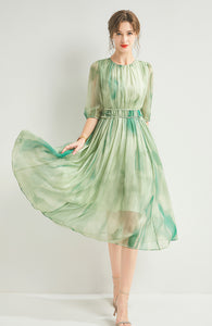 Summer 100% Silk O-Neck Short Sleeve Print Casual Dress