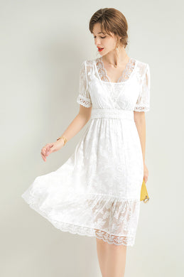 Women`s 100% Silk Hollow Embroidery Short Sleeve Midi White Dress