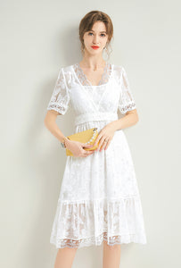 Women`s 100% Silk Hollow Embroidery Short Sleeve Midi White Dress