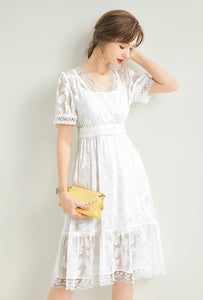 Women`s 100% Silk Hollow Embroidery Short Sleeve Midi White Dress