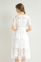 Women`s 100% Silk Hollow Embroidery Short Sleeve Midi White Dress