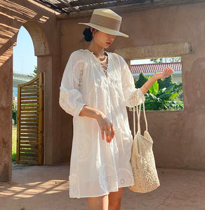 Summer New Fashion Temperament Slim V-neck Long Sleeve Embroidery  Dress