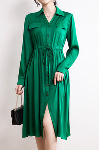 Casual Midi Long Sleeves V-Neck Silk Dress