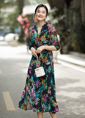 Elegant Floral Printed V-neck Silk Dress