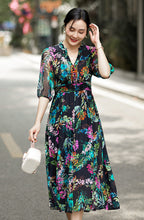 Elegant Floral Printed V-neck Silk Dress