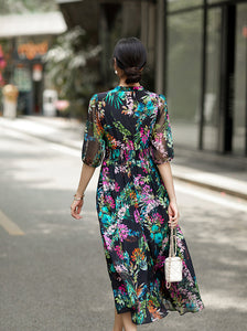 Elegant Floral Printed V-neck Silk Dress