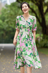 Printed Short Sleeved Silk Dress