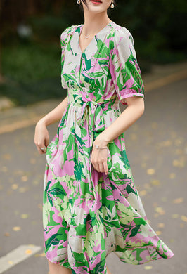 Printed Short Sleeved Silk Dress