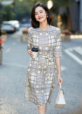 Elegant, Geometric Patternn Printed Silk Dress