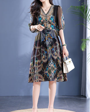 Elegant Printed V Neck A Line Midi Silk Dress