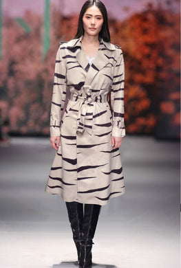 Elegant Printed Belted Long Trench Coat