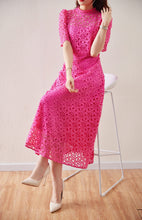 Lace Embordered Short Sleeve Hollow Out Elegant Midi Dress