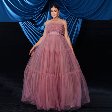 Off Shoulder Backless Tulle Evening Pink Dress