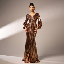 Elegant V-neck long sleeve banquet evening dress