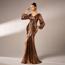 Elegant V-neck long sleeve banquet evening dress