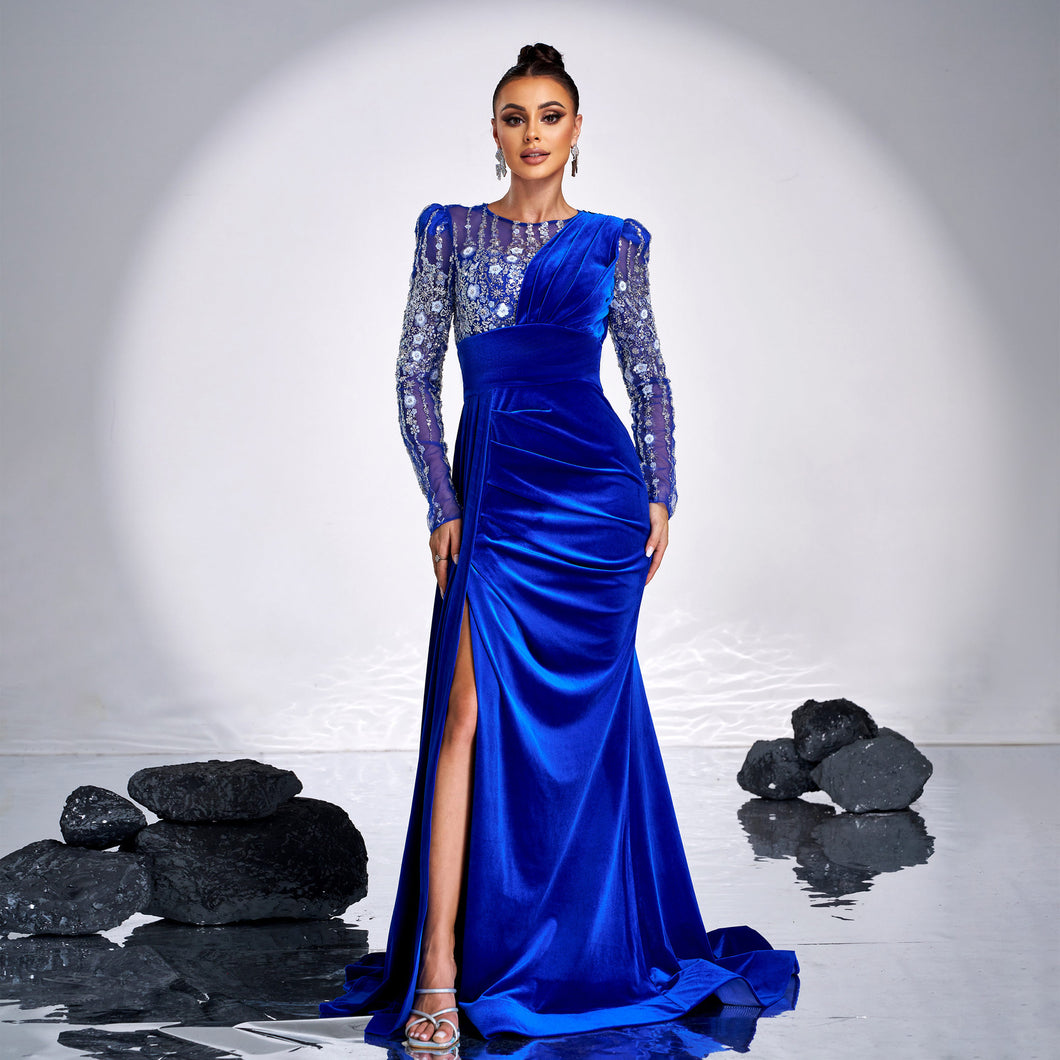 Ribbon Sequin Velvet Long Elegant Dress