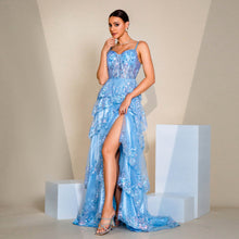 Spaghetti Strap Corset Ruffles Lace Sequin Elegant Luxury Evening Dress