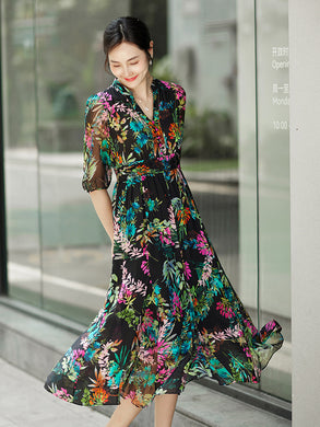 V-neck flower printed silk long dress