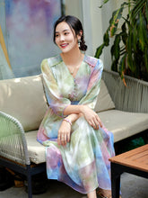 Multi-color elastic waist style A-line silk dress