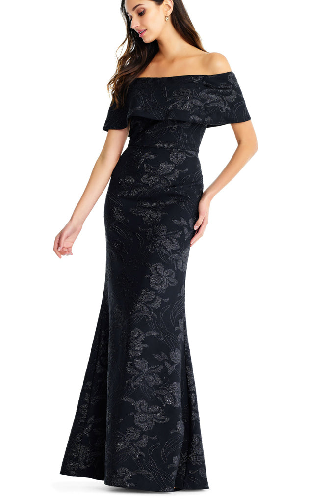 AIDAN MATTOX BLACK OFF THE SHOULDER LONG DRESS