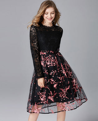 Long Sleeve Contrast Lace A-line Dress